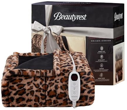 Beautyrest Long Brushed Faux Fur Ogee Textured Design Electric Blanket, Auto Shut Off, Virtually Zero EMF, Multi Heat Setting, UL Certified, Machine Washable, Leopard Throw 50x60
