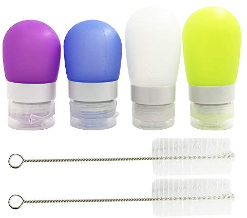 FineGood Squeeze Dressing, 4 Flaschen, 1.3oz und 2 oz, tragbare Soßenbehälter, Gewürzflaschen für die Aufbewahrung von Lebensmitteln, wasserdicht, mit 2 Reinigungspinseln, 4 Farben