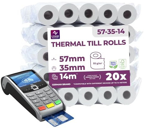 Ec-Cash Thermorollen 57mm x 14m x 12mm - Kassenrollen - Thermopapier - Bonrollen für Bankomat - Kredit-Kartenlesegeräte (57x35x12) (20 Rollen)