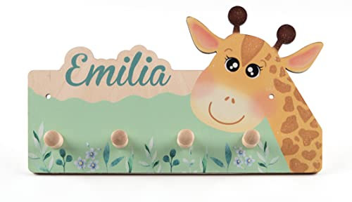 Personalisierte Kindergarderobe 'Giraffe' aus Birkenholz mit vier Kleiderhaken, Garderobe für Kinder mit Wunschnamen, Motiv Giraffe, Maße ca. 35 x 20 cm