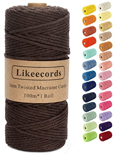 Likeecords Beige makramésnöre 3 mm x 110 yards (101 m), färgat makramésnöre, bomullssnöre, makramégarn, färgglatt bomullspysselsnöre för upphängning, växthängare, pyssel, stickning (mörkbrun)