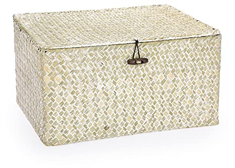 Hipiwe Wicker Shelf Baskets Bin with Lid, Large Natural Seagrass Basket Storage Bins Handwoven Rectangular Household Basket Boxes for Shelf Wardrobe Home Organizer and Decor, Whitewash