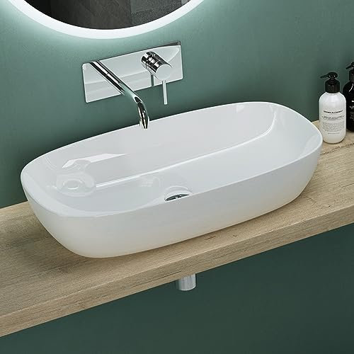 Mai & Mai Vasque à Poser 70x37x13,5cm Lavabo en Céramique Blanc sans Trop-Plein Salle de Bains pour Invités BR104