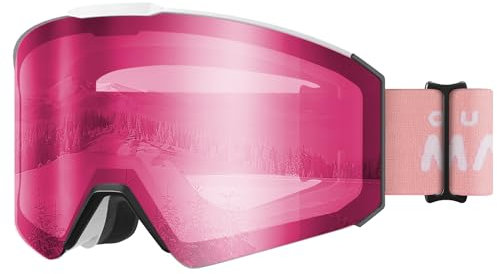 OutdoorMaster Falcon Kinder Snowboard-Brille für Brille/OTG, Anti-Nebel-Skibrille mit 100% UV-Schutz (weißer Rahmen+VLT 46% rosa Linse)
