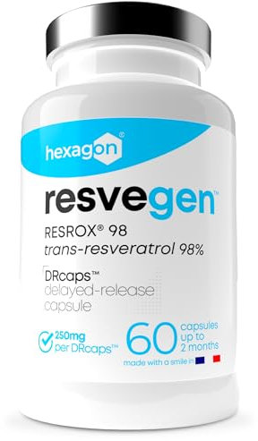 Resveratrol - Trans-Resveratrol 98% RESROX® - 60 Kapseln DRcaps™ Verzögerte Freisetzung 250mg - Resvegen™ Hohe Verfügbarkeit - Antioxidans & Anti-Aging - Made in Frankreich - Vegan - Hexagon