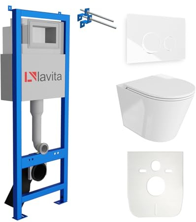 Lavita LAV 101 Elemento Pre-muro per WC 40cm + WC Sospeso a Parete con Cisterna Profonda GALVE Bianco Senza Bordo + Pannello di Comando LAV 200.4.1 Bianco + Sedile WC con Abbassamento Automatico per