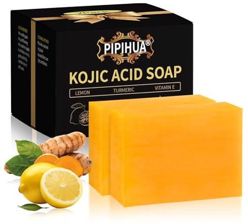 PIPIHUA Jabón de Limón y Ácido Kójico para la Hiperpigmentación Pastillas de Jabón para el Acné con Colágeno, Cúrcuma, Colágeno, Ácido Hialurónico (2×100g)