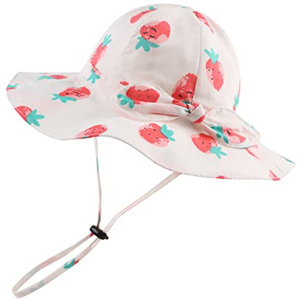 Pesaat Chapeau Bébé Fille Nœud Large Bord Chapeau de Soleil Protection Solaire Bob pour Enfant Fille 0 Mois à 8 Ans (Les Fraises, 0 à 3 Mois)