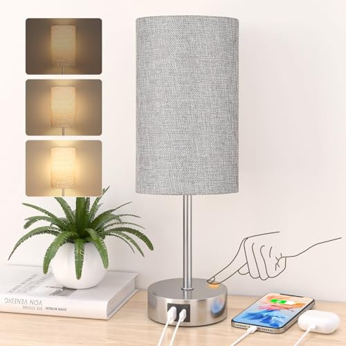 STANBOW Bedside Lamps, Touch Lamps Bedside with USB A+C Charging Ports, 3-Way Dimmable LED, Table Lamps for Living Room Bedroom Gift with Blue Shade-Wood Base (LED Bulb Included) (Gray-Nickel Sand)