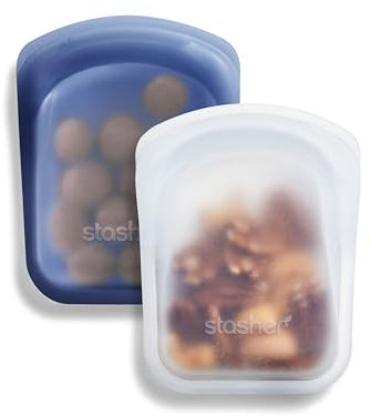 Stasher Bag Premium Silikonbeutel wiederverwendbar für Lebensmittel, 2er-Pack, Klar + Blau | Vielseitige Lebensmittelbeutel, Lunch-Tasche, Reisekontainer, Auslauf & Spülmaschinensicher, 355ml