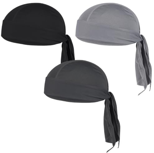 WUSJCOF 3 Piezas Pañuelo Cabeza Hombre, Durag Hombre Transpirable, Pañuelo Pirata para Ciclismo, Cocina, Excursiones, Senderismo, Bicicleta, Moto, Barco, Secado Rápido (Negro, Gris, Gris Oscuro)
