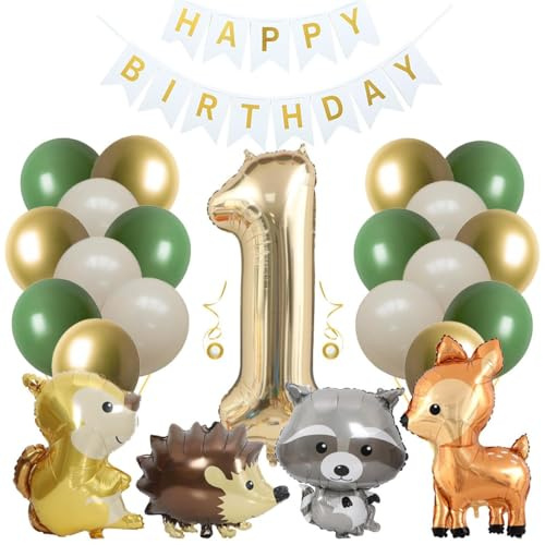 Jxuzh 1.Geburtstag Dekoset mit Waldtier-Folienballons (Eichhörnchen、Igel、Elch、Waschbär) – Inkl. Zahl 1, Avocado-Aprikosen Latexballons, Weißebanner – Für Babyparty & Kinder – 25tlg Luftballon-Deko