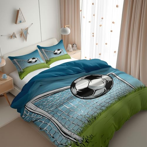 Housse de Couette 90 x 190 cm Ballon de foot et herbe verte Style dessin animé - Parure de Lit Enfant 1 Personnes avec Fermeture Éclair Sets de Housse Couette avec 1 Taie d'oreiller 65x65 cm, Bleu