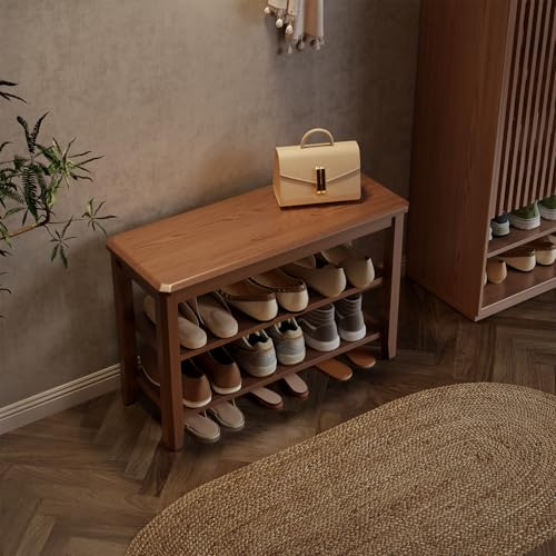 AQIMUELE Banc Étagère à Chaussures en Bois, 2 Niveaux Réglable, 30 x 80 x 52 cm, Charge admissible 226 kg, Idéal pour l’entrée, Salle de Bain, Salon, Couloir, Noyer