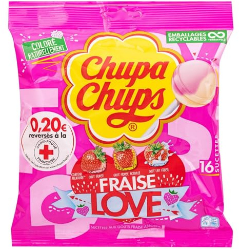 CHUPA CHUPS – Sucettes Fruitées Saveur Fraise, Plaisir Acidulé à Partager (Sachet 192g, 16 pcs) - Lot de 4 - vendu par Lot