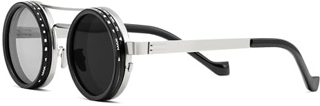 FEISEDY Adjustable Tint Sunglasses Polarized Men, 1-9 Gear Manual Dimming, Steampunk Round Metal Frame UV400 ND Filter B1400