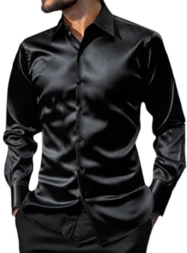 Men's Glossy Long Sleeve Shirt, Shiny Satin Silk Like Button Down Dress Shirts, Solid Lapel Collar Slim Fit Disco Dance Top, Chemise Smooth Wrinkle Free Tuxedo T-Shirt Casual Blouses for Wedding Party | Solid Lapel Collar Slim Fit Disco Dance Top, Chemise Smooth Wrinkle Free Tuxedo T-Shirt Casual Blouses for Wedding Party