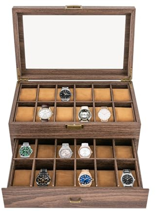GAOUSD - Caja de reloj con 24 compartimentos de 2 niveles, caja de almacenamiento con tapa, caja de reloj para hombre y señora, para guardar relojes, joyas