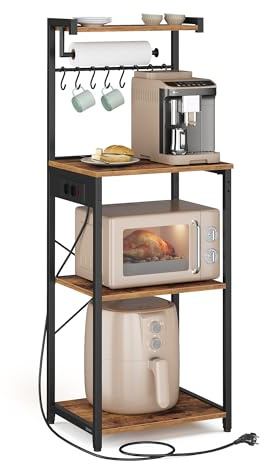 VASAGLE Estantería de Cocina con Enchufe Múltiple, Barra de Café de 4 Niveles con Estante Ajustable, 8 Ganchos S, Soporte de Microondas, 40 x 45 x 140 cm, Roble Dorado y Blanco Nube KKS013YA07