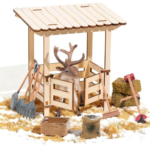 RTUOHUIN Wichtel Rentier Set, 11-TLG. Miniatur Wichtel Zubehör für Wichteltür und Weihnachten inkl. Rentier, Futterkrippe, Heuballen, Gartenwerkzeug, Kinderzimmer Deko für Weihnachten