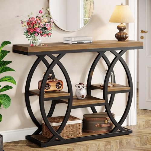 Tribesigns 100 cm konsolbord, 4-nivås soffbord, accentbord, brun | Förvaringshyllor, träbord med metallram, industriell stil, för smal entré, hall, bakom soffan