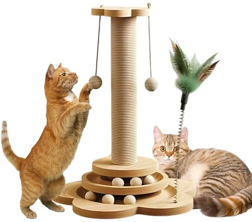 Cat Scratching Post with 6 Wood Balls & Interactive Toys - Sturdy 46cm Tall Scratching Post for Indoor Cats, Multi-Level Play Tower, Easy Assembly Space-Saving Cat Tree