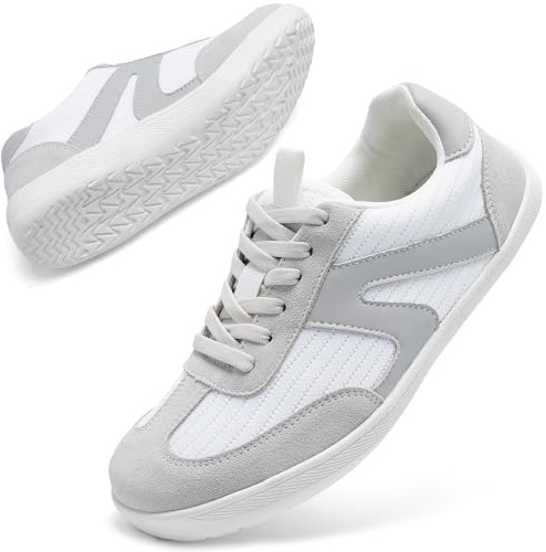 Womens Wide Barefoot Shoes Ladies Wide Toe Box Arch Support Trainers Memory Foam Zero Drop Lightweight Trail Running Shoes Comfortable Lace-up Breathable Walking Sneakers Grey White UK 8
