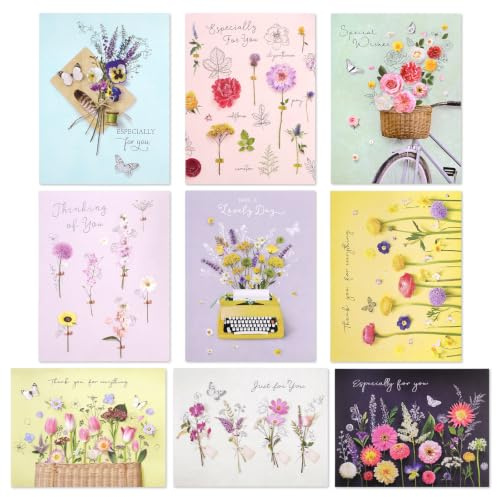 Cartes de remerciement assorties 9 pièces, 9 modèles avec 9 enveloppes | motifs floraux conçues de manière unique,7.09x5.43 pouces pour ami, famille, amis, cadeaux, anniversaire, départ, collègues