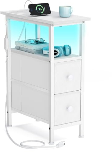 SONGMICS Mesa Auxiliar, Mesita de Noche con Regleta, 2 Cajones | Mesa de Centro con Iluminación LED, Salón, Dormitorio, nube blanca, Colección BELLAH LGS002W102
