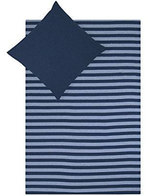 Traumschlaf Jersey Melange Wendebettwäsche Blau • Streifen & Uni • 100 % Baumwolle • Ganzjahresbettwäsche hautsympathisch & bügelleicht • 135x200 cm + 80x80 cm
