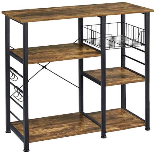 Yaheetech 4-Tier Kitchen Baker's Rack, Coffee Bar Microwave Stand Cart with Wire Basket & 6 Side Hooks, Kitchen Organizer Shelf for Spices/Utensils Foods, Rustic Brown