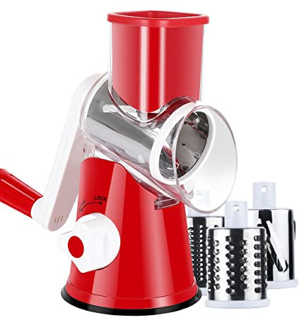 Ancevsk Manual Rotary Cheese Grater, Mandoline Vegetable Slicer with 3 Interchangeable Blades (Red)