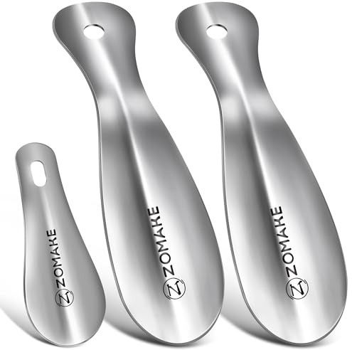 ZOMAKE Calzador de Zapatos 3Piezas - Metalico Calzadores para Personas Mayores con Colgante Agujero,19&10cm Acero Inoxidable Shoe Horn Fácil de Utilizar(Plateado)