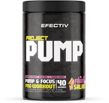 Efectiv Project Pump Pre Workout Powder - Stimulant Free Pre Workout with Citrulline, Nitrosigine, Rednite for Vicious Pumps & Enhanced Focus - Vegan, 40 Servings, Made in UK, Fruit Salad Flavour