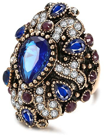 YAHOYA Único Anillo de Esmalte Negro Grande Azul Cristal Oro Color étnico Anillos Antiguos para Mujeres Retro Nupcial Vintage joyería Fina