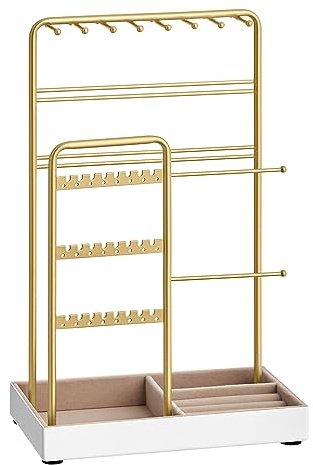 SONGMICS Jewelry Holder, Jewelry Organizer, Jewelry Display Stand with Metal Frame, Velvet Tray, Necklace Earring Bracelet Holder, for Studs, Rings, Gift Idea, Pale Gold UJJS021A01
