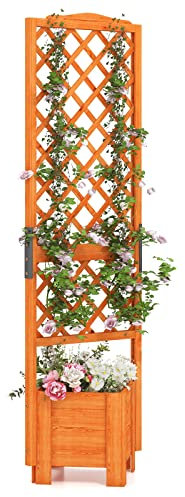 RELAX4LIFE Jardinière avec Treillis Carrée en Bois, Bac à Fleurs Extérieur pour Plante Grimpante, Jardinière sur Pieds pour Jardin Cour Terrasse, 54,5X52X180 CM