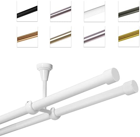 MDEKOR Gardinenstange 360 cm 2-läufig | Vorhangstange für die Deckenmontage Weiß aus Metall | Gardinenstangenset Ø 19mm
