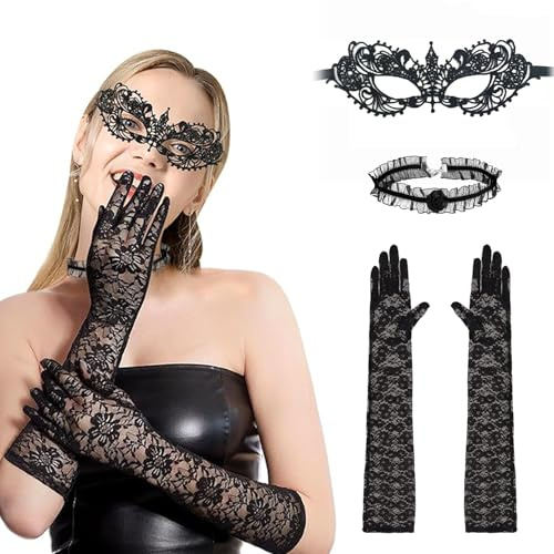 LIVESTN Halloween Spitzenmaske mit Spitzenhandschuhe Damen Spitze Augenmaske Schwarz Sexy Maskerade Spitzenmaske Venezianische Masken für Halloween Karneval Party Kostüm Ball
