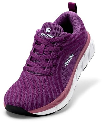 FitVille Wide Fit Trainers for Women, Lightweight Breathable Road Running Shoes, Washable Arch Support Sneakers for Gym Fitness Jogging Walking, Raspberry Purple, 6.5, Wide