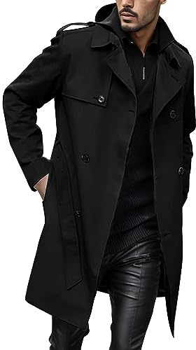 Mymyguoe - Giacca da uomo a doppiopetto con cintura, revers, manica lunga, cappotto business, giacca di transizione primaverile, windbreaker, revers, giacca lunga, casual, antivento, Nero , M