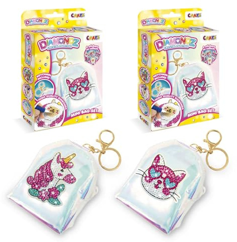 CRAZE DIAMONDZ Borsa Confezione da 2 - Kit Diamond Painting per Ragazze Motivo Gatto e Unicorno, Mini Zaino Portachiavi con Etichetta Diamante Fai da Te per Bambini