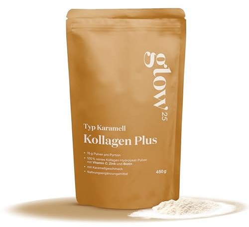 Glow25® Collagen Plus Pulver Karamell [450g] - Kollagen Hydrolysat mit Vitamin C, Zink und Biotin - Peptide Typ 1 und 3 - Gute Löslichkeit - Karamell Geschmack