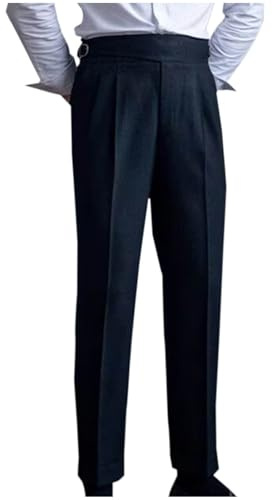 Mens Dress Trousers High Waisted Gurkha Trouser Plain Adjustable Waist Formal Pants Pleated Front Straight Leg Bottoms Retro Casual Suit Pant Work Office Clothes with Pockets