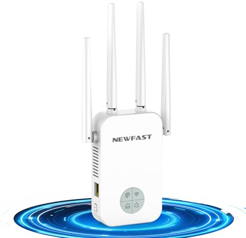 NEWFAST 1200Mbps WiFi Range booster Wireless Range Extender, Dual Band WiFi Booster 5.8GHz, 5Modes, 4 Antennas, Compatible with Any Wireless Router, 802.11AC, UK Plug
