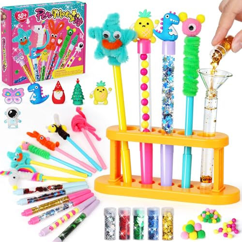 Fabrique à Stylo Magique - Stylo à Paillettes et Chenille, 2 Façons de Jouer avec 50+ Accessoires, Atelier Créatif Personnalisé Enfant 6-12 Ans, Kit Loisir Créatif et Cadeau Fille Garcon
