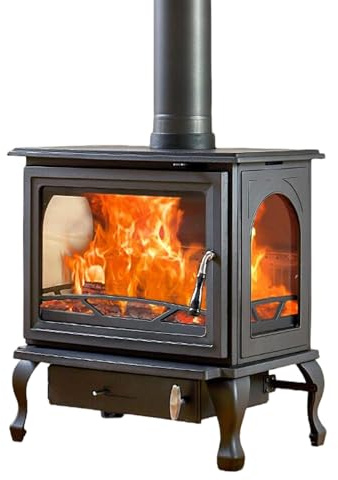 Estufa de Leña de Alta Eficiencia 20 kW, Calienta hasta 300 m³,Amplia Vista del Fuego Mediante Cristal Cerámico, Salida de Humos 152 mm