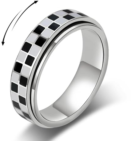 MIYUEFAN Ansiedad Anillos Giratorios Anillos para Mujer y Hombre, Anillos a Cuadros en Blanco y Negro de Acero Inoxidable Giratorio Inquieto Anillo para Antiestrés (Plata, 8)