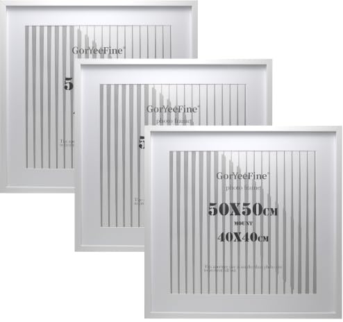 GorYeeFine 50x50cm Square White Picture Frames,Set of 3 | Acrylic front frame, acid‑free mat for 40x40cm photos, MDF backboard, wall & tabletop display, chrismas&home decor