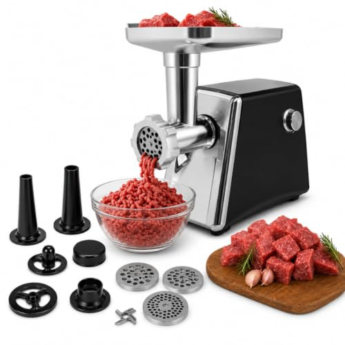 Tritacarne Elettrico Professionale 2000W, 2 Lame in Acciaio Inox, 3 Piastre di Tritatura, Accessorio per Salsicce e Kubbe, Motore Silenzioso, Facile da Pulire, Macchina per Carne, Casa e Cucina.